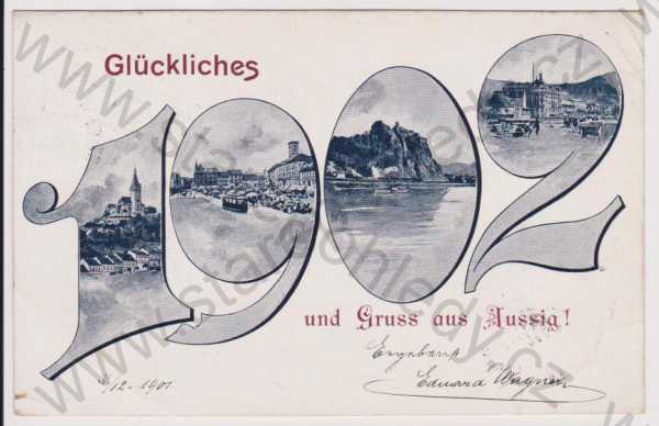  - Ústí nad Labem (Aussig) - koláž 1902 - Větruše, náměstí (tramvaj), hrad Střekov, partie, DA
