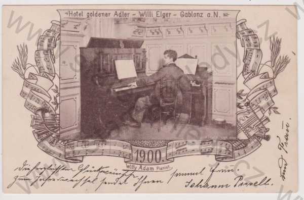  - Jablonec nad Nisou (Gablonz a. N.) - Hotel goldener Adler - Willi Elger, klavír, koláž noty, DA