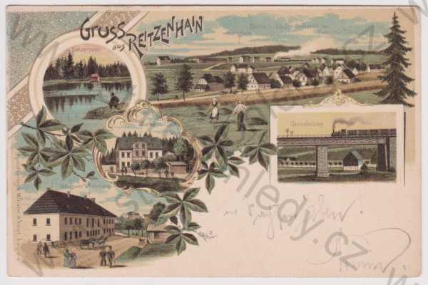  - Reitzenhain - celkový pohled, jezero, most, lázně, hostinec Malzhaus, litografie, DA, koláž, kolorovaná, Chomutov