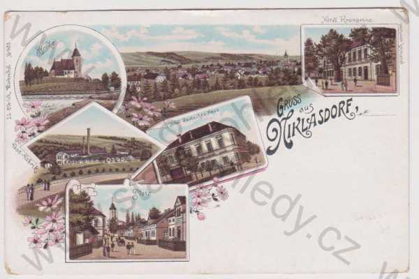  - Mikulovice (Niklasdorf) - celkový pohled, kostel, továrna, Hotel Deutsches Haus, náměstí, Hotel Kronprinz, litografie, DA, koláž, kolorovaná