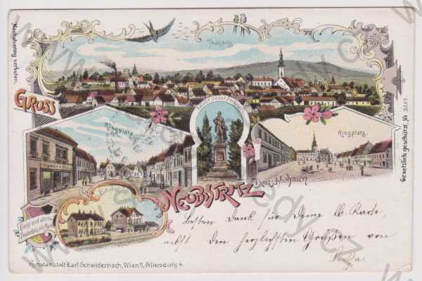  - Nová Bystřice (Neubistritz) - celkový pohled, náměstí, pomník, nádraží, vlak, litografie, DA, koláž, kolorovaná