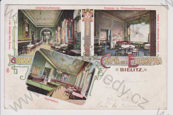  - Polsko - Bielitz - kavárna Café del Europe - interiér, kulečník, kolorovaná
