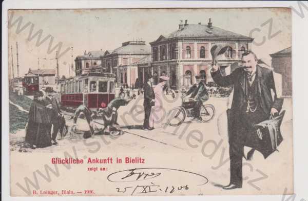  - Polsko - Bielitz - koláž budoucnost - motocykl, tramvaj, kůň, kolorovaná