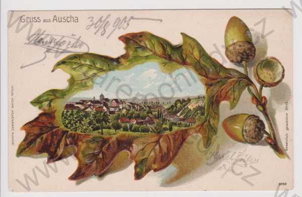  - Úštěk (Auscha) - koláž dubový list - celkový pohled, plastická, litografie, DA, koláž, kolorovaná