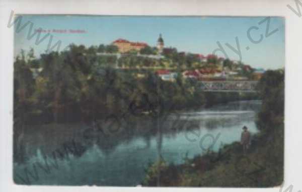  - Nové Benátky (Mladá Boleslav), celkový pohled, řeka, most, kolorovaná