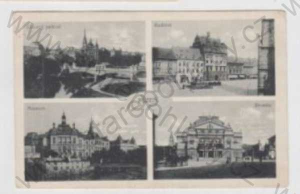  - Plzeň, více pohledů, celkový pohled, radnice, muzeum, divadlo