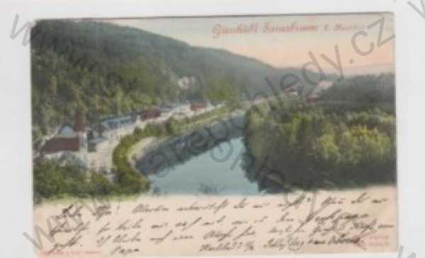  - Kyselka (Sauerbrunn) - Karlovy Vary, řeka, částečný záběr města, kolorovaná, DA