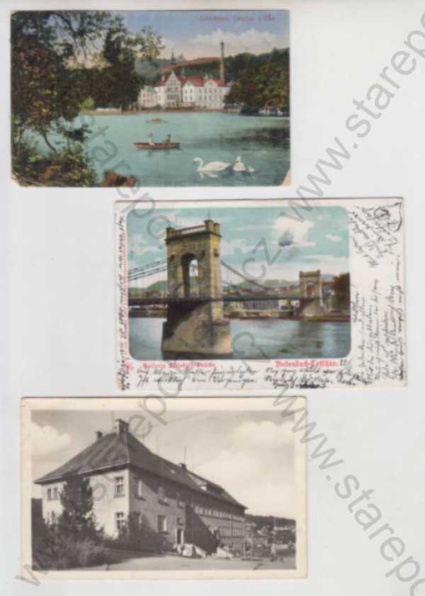  - 5x Děčín (Bodenbach - Tetschen), řeka, loď, labuť, most, kolorovaná, celkový pohled, 