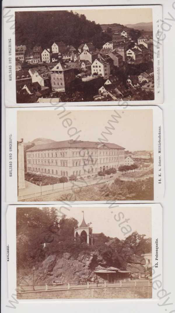  - Karlovy Vary (Karlsbad) - 3 ks - CDV karty cca 1880  Skalní pramen, vila Lützov a okolí, vojenská nemocnice ? malý formát