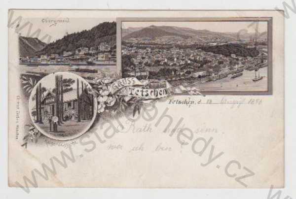  - Děčín (Tetschen), více záběrů, celkový pohled, řeka, loď, kresba, koláž, DA