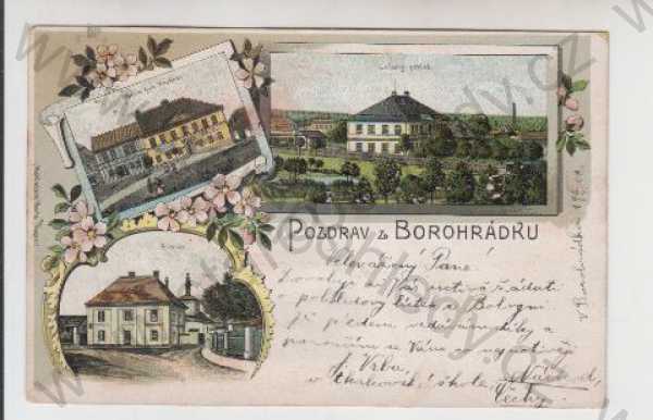 - Borohrádek (Rychnov nad Kněžnou), více záběrů, celkový pohled, obecní dům, hostinec, pivovar, kolorovaná, koláž, DA