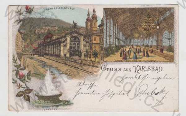  - Karlovy Vary (Karlsbad), více záběrů, promenáda, vřídlo, pramen, kolorovaná, koláž, DA