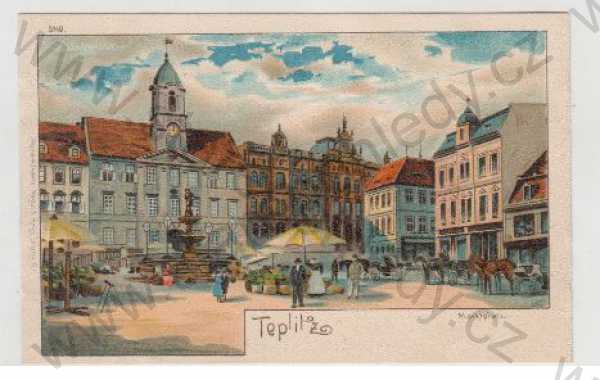  - Teplice (Teplitz), náměstí, kůň, kočár, povoz, trh, kolorovaná, DA