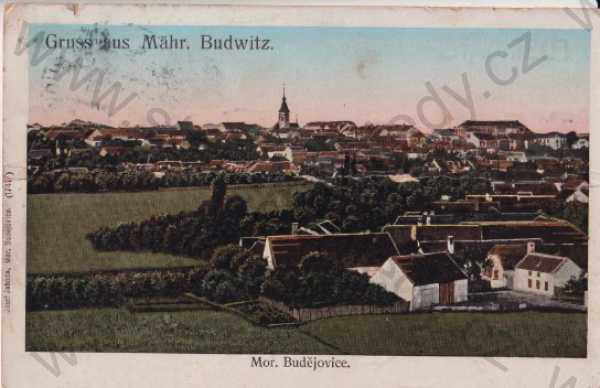  - Moravské Budějovice - Mähr. Budwitz (Třebíč), pohled na město, kolorovaná litografie, zlacená