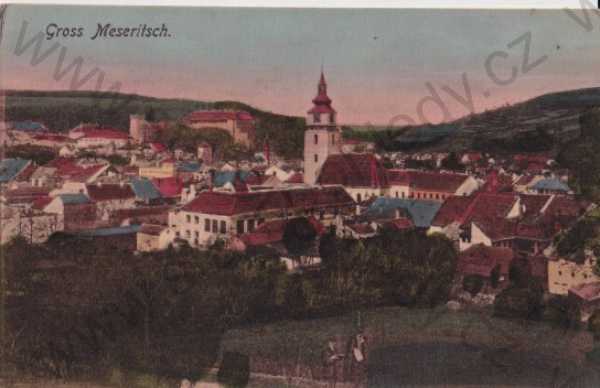  - Velké Meziříčí - Gross Meseritsch (Žďár nad Sázavou), pohled na město, kostel, zámek, litografie, barevná