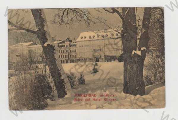  - Mariánské lázně (Marienbad) - Cheb, Hotel Klinger, sníh, zimní