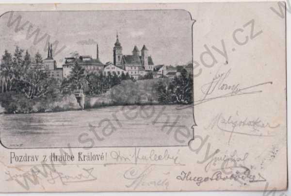  - Hradec Králové (Königgrätz) - pohled na město, řeka, katedrála, kresba, DA
