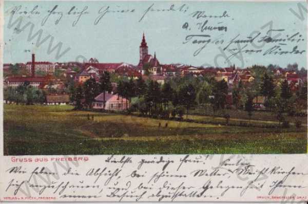  - Příbor - Freiberg (Nový Jičín), pohled na město, kresba, kolorovaná, DA