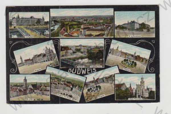  - České Budějovice (Bidweis), více záběrů, celkový pohled, náměstí, muzeum, most, řeka, kolorovaná, koláž