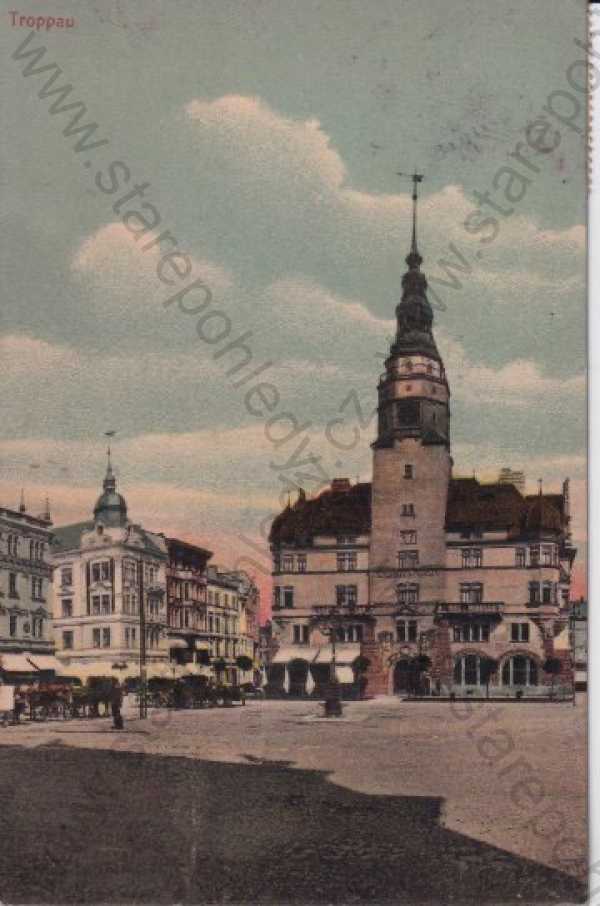  - Opava - Troppau, náměstí, radnice, věž, kolorovaná, litografie