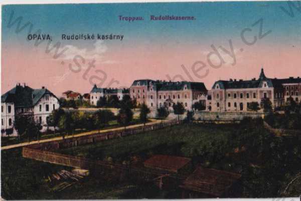  - Opava (Troppau),Rudolfské kasárny - Rudolfskaserne, litografie, kolorovaná