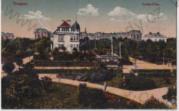  - Opava (Troppau), Goetheho náměstí - Goethe-Platz, park, postava, litografie, kolorovaná