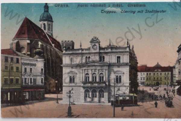 - Opava (Troppau), Horní náměstí, divadlo, kostel, tramvaj, litografie, kolorovaná