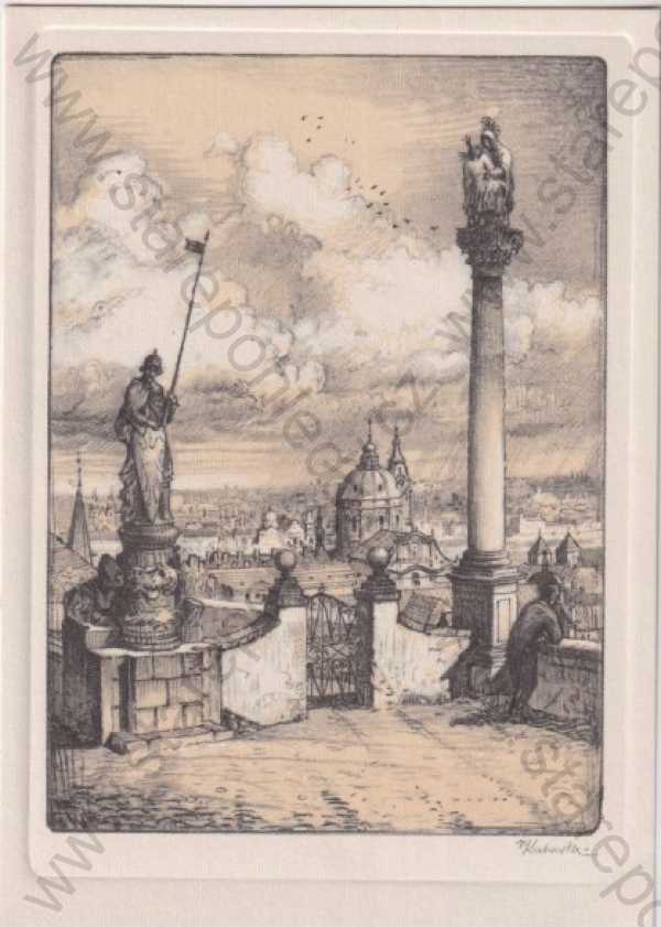  - Praha 1, panorama, výhled na Malou Stranu, kresba, Vojtěch Kubašta, tlačený rámeček