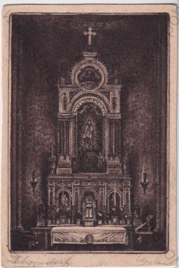 - Filipov - Filippsdorf (Jiříkov, Děčín), oltář v interiéru kostela Panny Marie Pomocnice křesťanů, kresba, tlačený rámeček