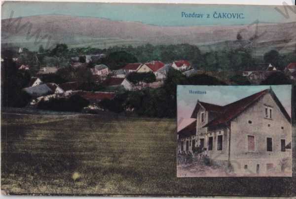  - Čakovice (Praha - východ), více pohledů: hostinec a pohled na obec, litografie, kolorovaná