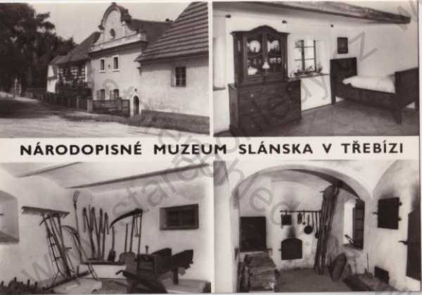  - Třebíz (Kladno), Národopisné muzeum Slánska v Třebízi, více pohledů: Cífkův statek, parádní pokoj, expozice starého nářadí, černá kuchyně, Press foto