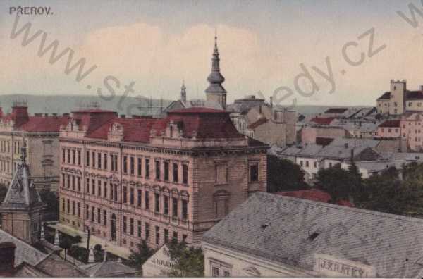  - Přerov (Prerau) pohled na část města, ulice, budovy, J. Krátký, litografie, kolorovaná