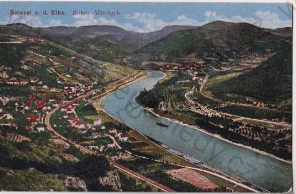  - Dolní Zálezly - Salesel s. d. Elbe (Böhm. Mittelgeb., Ústí nad Labem), pohled na město, řeka Labe, litografie, kolorovaná