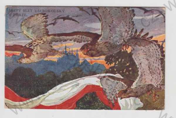  - Sokol, pták, Praha, panorama, vlajka, slet, kolorovaná