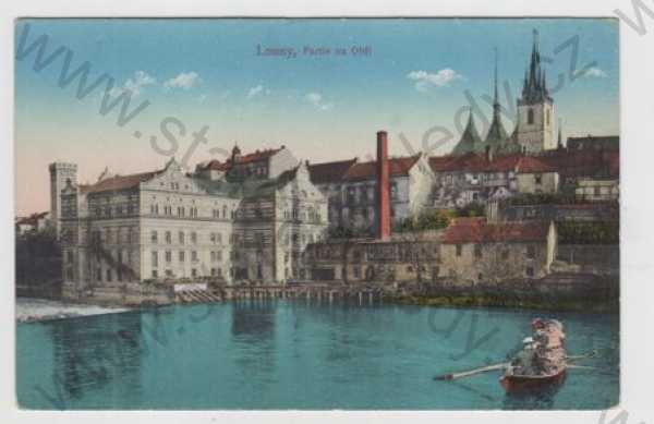  - Louny, partie, Ohře, řeka, loď, částečný záběr města, kolorovaná