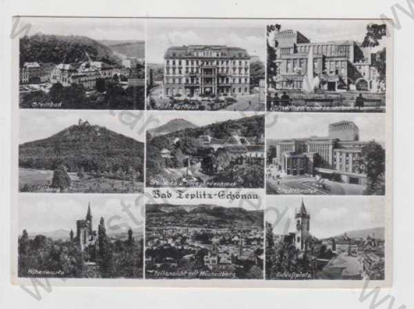  - Teplice (Teplitz), více záběrů, lázně, léčebný dům, Doubravská hora, divadlo, rozhledna, celkový pohled, náměstí
