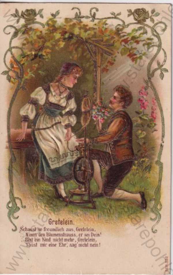  - Milostný pár v zahradě, kresba, barevná, tlačený a zlacený povrch, německá báseň