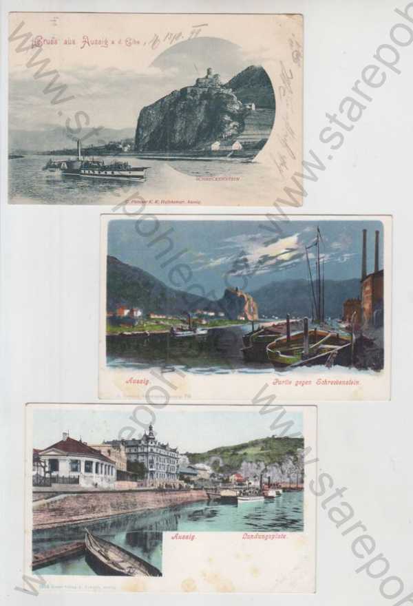  - 3x Ústí nad Labem (Aussig), řeka, loď, částečný záběr města, Střekov, parník, kolorovaná, DA