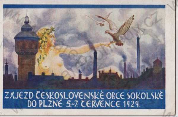  - Sokol - zájezd československé obce sokolské do Plzně - 1929, barevná kresba - Šafařík
