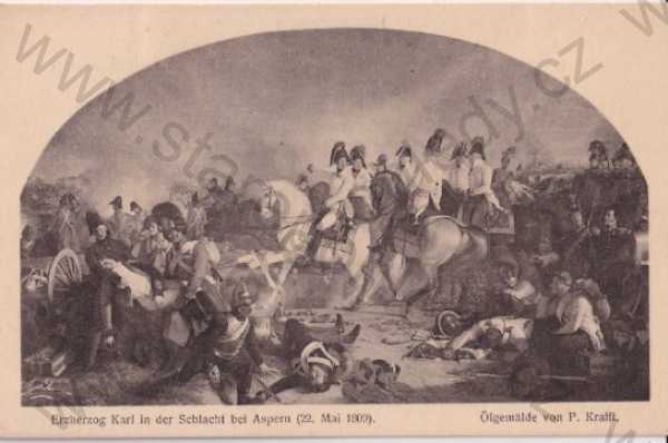  - Olejová malba: Císař Karel v bitvě u Aspernu - P. Krafft