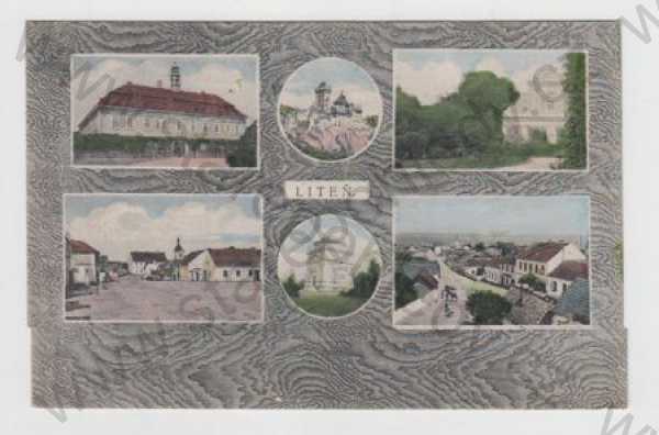  - Liteň (Beroun), více záběrů, škola, Karlštejn, náměstí, částečný záběr města, kolorovaná