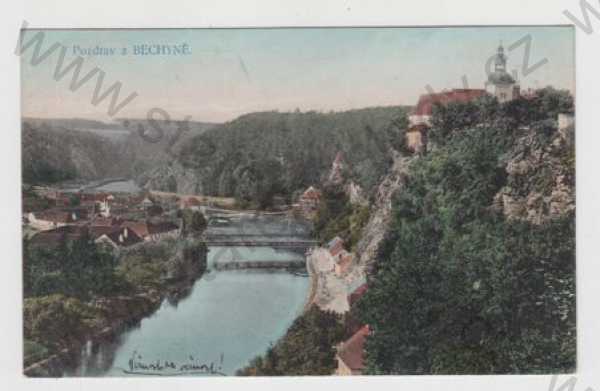  - Bechyně (Tábor), částečný záběr města, zámek, řeka, kolorovaná