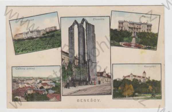  - Benešov, více záběrů, nemocnice, zřícenina, pavilon, celkový pohled, Konopiště, kolorovaná