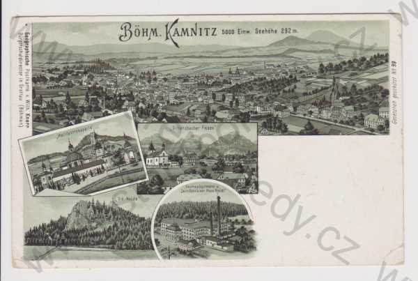  - Česká Kamenice (Böhmisch Kamnitz) - celkový pohled, skály, kaple, továrna, litografie, DA, koláž