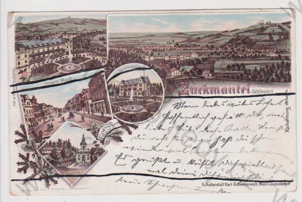  - Zlaté Hory (Zuckmantel) - celkový pohled, náměstí, Mariahilf, sanatorium, litografie, kolorovaná, DA, koláž