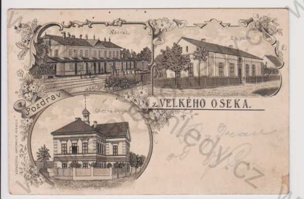  - Velký Osek - pošta, nádraží, obecná škola, litografie, DA, koláž