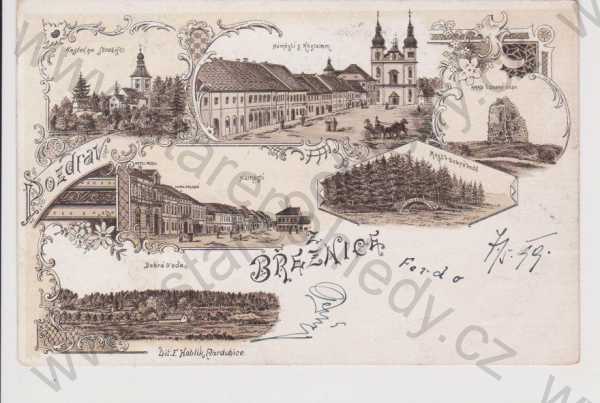  - Březnice - náměstí, kostel, Dobrá Voda (celkový pohled, most, hrad), hotel Musil a Zelená, litografie, koláž, DA