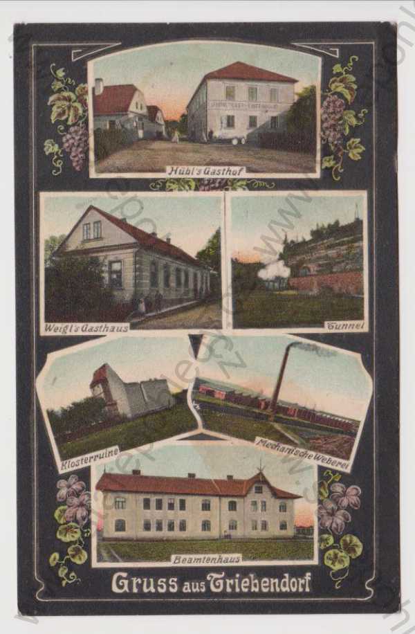  - Třebařov (Triebendorf) - hostinec, tunel vlak, klášter zřícenina, továrna, více záběrů, kolorovaná, koláž