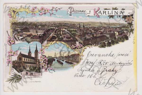  - Praha - Karlín - celkový pohled, chrám, přístav, litografie, kolorovaná, koláž, DA