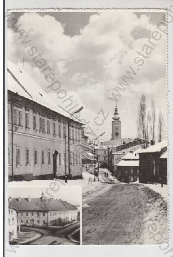  - Příbor (Nový Jičín), pohled ulicí, škola, sníh, zimní